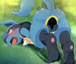 ahegao ambiguous_gender anus ass ass_up blue_anus blue_body blue_fur blush bodily_fluids dagasi drooling fangs feet fucked_silly fur gen_4_pokemon genital_fluids genitals glistening glistening_body half-closed_eyes holding_crotch looking_pleasured lucario lying male narrowed_eyes nintendo non-euclidean_sex on_front outside paws penis pokemon pokemon_(species) portal portal_penis portal_ring questionable_consent raised_tail red_eyes saliva saliva_string sex sweat tail tears teeth thinking_with_portals tongue tongue_out