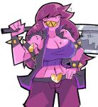  1girl 2020s 2023 2d 2d_(artwork) anthro anthro_only axe big_breasts breasts cleavage clothing deltarune demonbloodpal digital_media_(artwork) eyes_covered female female_anthro female_only grin hair hair_over_eyes holding_axe holding_weapon long_hair midriff muscular muscular_female pink_body pink_skin purple_body purple_hair reptile reptile_girl scalie scalie_female scalie_only sharp_teeth solo solo_anthro solo_female spiked_bracelet susie_(dark_world_form) susie_(deltarune) teeth third-party_source twitter undertale_(series) video_game_character video_games weapon white_background yellow_teeth 