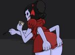  1girl 6_arms anthro anthro_only arachnid ass ass_focus ass_slap black_background black_hair blush butt butt_focus butt_slap chelodoy clothing cup drinking female female_anthro female_only gif holding_cup holding_mug holding_object holding_spoon looking_at_viewer monster monster_girl muffet mug multiple_arms purple_body purple_skin red_dress ribbon short_twintails simple_background slapping_ass slapping_butt solo spider spider_girl spoon surprised undertale undertale_(series) 