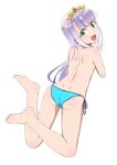  1girl barefoot bikini feet female green_eyes kuri_youkan legs long_hair looking_back open_mouth outbreak_company petralka_anne_eldant_iii side-tie_bottom silver_hair smile solo swimsuit topless 