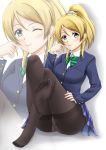 1_girl 1girl ;) ayase_eli black_legwear blazer blonde_hair blue_eyes crossed_legs crotch_seam eli_ayase feet female fuuma_nagi legs legs_crossed long_hair love_live!_school_idol_project md5_mismatch no_shoes one_eye_closed panties panties_under_pantyhose pantyhose ponytail school_uniform sitting smile soles solo thighband_pantyhose thighs toes underwear wings wink zoom_layer