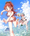 5girls akemi_homura angry ball barefoot beachball bikini bikini_shorts black_hair blonde_hair blue_hair blue_sky blush bow cloud collarbone commentary_request covering covering_breasts drill_hair female fleeing food front-tie_top fruit hair_bow hairband inflatable_dolphin inflatable_toy kaname_madoka mahou_shoujo_madoka_magica miki_sayaka multiple_girls navel no_pupils ocean open_bikini open_clothes open_mouth pink_eyes pink_hair polka_dot polka_dot_bikini polka_dot_swimsuit purple_eyes rectangular_mouth red_eyes red_hair running running_away ryuunosuke_(luckyneco) sakura_kyouko side-tie_bikini sky solid_eyes striped striped_bikini striped_swimsuit sweat swimsuit tatsuno_ryou tomoe_mami twin_drills twintails wading wardrobe_malfunction water watermelon wavy_mouth white_bikini white_swimsuit yellow_eyes