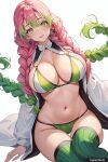 1girl ai_generated bikini braid breasts demon_slayer female_only green_eyes hair kanroji_mitsuri kimetsu_no_yaiba mitsuri_kanroji multicolored_hair outdoor pink swimsuit trynectar.ai white_background