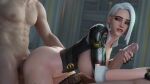 1girl 2boys aphy3d ashe ashe_(overwatch) big_breasts big_penis bouncing_ass bouncing_breasts bubble_butt doggy_position from_behind handjob masturbation moaning overwatch red_eyes stockings thick_thighs threesome vaginal_penetration white_hair