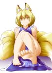 1girl animal_ears bare_legs barefoot blonde_hair breasts feet female fox_ears fox_tail hair highres kitsunetsu_(rcu_be1s) large_breasts light_smile looking_at_viewer multiple_tails naked_tabard no_hat pov_feet short_hair sideboob simple_background sitting soles solo tabard tail toenails touhou white_background yakumo_ran yellow_eyes