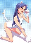 1girl animal_ears arm_support arm_up bell bell_choker bell_collar blue_hair blush brown_eyes cat_ears cat_paws cat_tail choker fang female idolmaster jingle_bell kaimu_(pixiv) kaimuu_(fahrenheit724) kisaragi_chihaya kneeling long_hair one-piece_swimsuit open_mouth paw_pose paws school_swimsuit solo swimsuit tail tail_bell white_school_swimsuit white_swimsuit