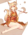 1girl animal_ears barefoot blonde_hair colored_eyelashes detached_sleeves eyeshadow feet female fox_ears fox_tail hair_ornament japanese_clothes kimono kiseru legs looking_at_viewer makeup nakaichi_(ridil) original piercing pipe red_eyes short_eyebrows short_hair short_kimono sitting solo tail zeb_nakaichi