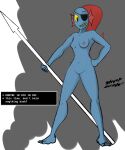 1girl 2010s 2015 2d 2d_(artwork) anthro anthro_only artist_name black_eyepatch blue_body blue_breasts blue_skin breasts completely_nude completely_nude_female dialog dialogue dialogue_box digital_media_(artwork) ear_fins english_text eyepatch feet female female_anthro female_only fins fish fish_girl full_body genitals grey_background hair hand_on_hip head_fins holding_spear holding_weapon long_hair looking_at_viewer monster monster_girl nipples non-mammal_breasts non-mammal_nipples nude nude_anthro nude_female ponytail pussy red_hair red_ponytail simple_background solo solo_anthro solo_female spear strump_glinder_(artist) text text_box two-tone_background undertale undertale_(series) undyne video_game_character video_games visible_pussy weapon white_background yellow_sclera