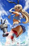 1girl :o ass bare_shoulders blonde_hair blue_eyes elbow_gloves eu03 female gloves kantai_collection long_hair panties pantyshot rensouhou-chan shimakaze_(kantai_collection) skirt small_breasts solo splashing striped striped_legwear thighhighs thighs thong underwear upskirt water