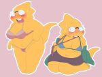 1girl 2020s 2022 adorable alphys anthro anthro_only aruput aruput_ut blush blushing_female bra breasts buckteeth chubby chubby_female cute deltarune dinosaur dinosaur_girl female female_anthro female_only full_body glasses lizard lizard_girl lizard_tail micro_bikini monster monster_girl multiple_views navel neck_tie necktie non-mammal_breasts non-mammal_navel off_shoulder off_shoulders outline panties pink_background red_necktie reptile reptile_girl reptile_tail scalie scalie_female simple_background skirt solo solo_anthro solo_female standing swimsuit tail teeth thong undertale undertale_(series) underwear white_outline yellow_body yellow_skin