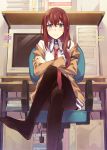  1girl annoyed blue_eyes blush brown_hair computer crossed_arms crossed_legs face feet female foreshortening inato_serere jacket legs_crossed makise_kurisu necktie pantyhose red_necktie sitting solo steins;gate 