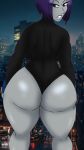 1girl big_ass black_eyebrows city dat_ass dc_comics female giantess grey_body looking_back purple_eyes purple_hair rachel_roth raven_(dc) red_gem sb127 solo teen_titans thighs young_adult