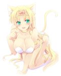  1_girl 1girl all_fours animal_ears arm arm_support armband arms babe bare_legs bare_shoulders big_breasts blonde blonde_hair blush breasts cat_ears cat_tail claire_(hihouden) cleavage earrings female green_eyes hair_intakes hairband high_res highres hihouden jewelry kemonomimi_mode large_breasts legs long_hair looking_at_viewer lots_of_jewelry neck_ring open_mouth paw_pose simple_background smile solo strapless tail tokinon very_long_hair white_background 