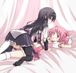  2_girls 2girls absurd_res absurdres akemi_homura all_fours arm arm_support arms arms_up art bare_legs bed black_hair blush choker dress female friends frottage girl_on_top gloves hair_ribbon hairband homura_akemi kaname_madoka legs long_hair long_sleeves looking_at_viewer looking_back lying madoka_kaname magical_girl mahou_shoujo_madoka_magica multiple_girls on_back open_mouth pantyhose pink_eyes pink_hair purple_eyes ribbon sanrokumaru school_uniform serafuku short_hair skirt socks tall_image twintails yuri 