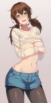 1girl belly blush braid breasts brown_hair cleavage contrapposto covering covering_breasts denim denim_shorts female green_eyes hair head_tilt legwear_under_shorts long_hair looking_at_viewer low_twintails midriff navel no_bra ooseru original othel_(hatimorris) pantyhose parted_lips scrunchie shirt_lift shorts slender_waist solo stomach twin_braids twintails v-neck