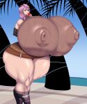 beach ber00 final_fantasy gigantic_ass gigantic_breasts green_eyes hourglass_figure lightning_farron ocean palm_tree pink_hair