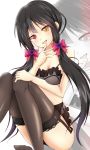  1girl black_bra black_hair black_legwear black_panties blush bra breasts cleavage clock_eyes date_a_live doyachii feet female garter_belt garter_straps hair_ribbon heterochromia highres lingerie long_hair looking_at_viewer no_shoes open_mouth panties red_eyes ribbon sitting smile solo symbol-shaped_pupils thighhighs tokisaki_kurumi twintails underwear underwear_only very_long_hair yellow_eyes 