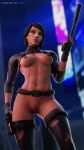 1girl 3d abs activision black_eyes black_hair blender_(software) blizzard_entertainment bottomless breasts dark-skinned_female dark_skin fingerless_gloves gloves gun handgun high_resolution looking_away medium_breasts muscle muscular_female nipples overwatch pharah-best-girl pharah_(overwatch) pussy shaved_pussy short_hair stockings topless weapon