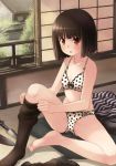  1girl :o akemiho_tabi_nikki barefoot black_hair black_legwear blush bra dressing female fukube_tamaki kouno_hikaru kunai lingerie looking_at_viewer panties polka_dot polka_dot_bra polka_dot_panties red_eyes short_hair single_thighhigh sitting solo tatami thighhighs underwear underwear_only weapon 