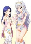  2girls belt blue_hair breast_envy breasts cleavage cosplay costume_switch criss-cross_halter dressing female frown hairband halter_top halterneck idolmaster idolmaster_2 kisaragi_chihaya long_hair midriff multiple_girls navel panties pink_diamond_765 shijou_takane shiny shiny_skin silver_hair skirt skirt_pull striped striped_panties sunsun69 thigh_gap underwear 