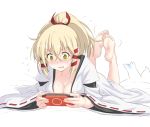  1girl barefoot blonde_hair blush breasts character_request cleavage clenched_teeth collarbone feet female flying_sweatdrops green_eyes handheld_game_console holding inari_konkon_koi_iroha japanese_clothes kazuma_muramasa legs_up lying on_stomach payot playing_games playstation_portable ponytail ribbon ribbon-trimmed_sleeves ribbon_trim sidelocks soles solo sony teeth toes uka-no-mitama-no-kami_(inakon) uka_(inari) white_background wide_sleeves 