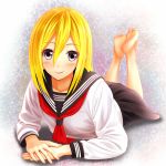 1girl bad_id barefoot blonde_hair blue_eyes blush christa_renz feet feet_together female itoguchi_(manma_melon) lying on_stomach school_uniform serafuku shingeki_no_kyojin short_hair smile soles solo toes