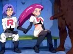  1girl 1girl 2boys big_penis blush creatures_(company) dark-skinned_male dark_skin game_freak holding_hands interracial james_(pokemon) jessie_(pokemon) male nintendo nude pokemon_(anime) team_rocket tyrone666 