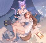  2_girls absurd_res ahoge animal_ear_fluff animal_ears bare_legs bare_shoulders barefoot big_breasts black_bra blue_eyes bone_hair_ornament bra breasts brown_hair cat_ears cat_girl cat_tail choker cleavage cucumbear073 dog_ears dog_girl dog_tail dress feet hair_ornament high_res hololive hugging inugami_korone inugami_korone_(dog) legs long_hair looking_at_another medium_hair multicolored_hair multiple_girls naked_shirt nekomata_okayu nekomata_okayu_(4th_costume) off-shoulder_dress off_shoulder pillow purple_hair shirt smile soles stuffed_toy tail toes two-tone_hair underwear virtual_youtuber white_shirt yawning yuri 