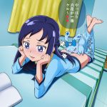  1boy 1girl age_difference barefoot bed blue_hair bored clothed_sex dokidoki!_precure feet female hishikawa_rikka mont_blanc_(heartcatch_ayaya) multitasking open_mouth precure rakeru_(dokidoki!_precure) sex text toe_scrunch toes translated 