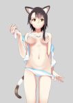  1girl animal_ears animal_hood black_hair breasts brown_eyes cat_ears cat_hood cat_tail condom female groin hood kappasota_(katte_ni_kappa) katte_ni_kappa kemonomimi_mode looking_at_viewer mound_of_venus nisekoi onodera_kosaki open_clothes open_shirt panties panty_pull panty_tug shirt short_hair smile solo tail underwear used_condom 