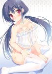 1girl :o black_hair blush bracelet breasts cleavage cropped female front-tie_top gradient gradient_background hair_ornament jewelry lingerie long_hair low_twintails open_mouth original pan_(mimi) panties parted_lips red_eyes see-through shiny shiny_skin side-tie_panties simple_background sitting solo thighhighs twin_tails twintails underwear white_legwear white_panties yokozuwari