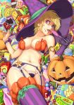  1girl blonde_hair breasts candy cleavage elbow_gloves female garter_belt garter_straps garters gloves green_lipstick halloween hat jack-o'-lantern lipstick lollipop lying makeup maruta_kentarou nail_polish navel original panties pasties pumpkin pumpkin_bra solo thighhighs thong tongue tongue_out underwear witch witch_hat 