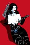 anastasia_cisarovna automatic_weapon baroness baroness_(g.i._joe) big_breasts bodysuit breasts g.i._joe glasses looking_at_viewer open_bodysuit pablo_romero red_background red_lipstick weapon