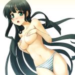 1girl akiyama_mio bad_id black_hair blush breasts covering covering_breasts female green_eyes green_hair k-on! large_breasts long_hair ookuma_(nitroplus) panda_(pixiv) panties panties_only solo striped striped_panties topless underwear underwear_only