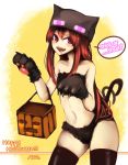 1girl :d alternate_costume andr at2. bare_shoulders black_legwear cat_paws enderman female halloween hat highres jack-o'-lantern long_hair midriff minecraft navel open_mouth paws personification purple_eyes red_hair smile solo thighhighs trick_or_treat