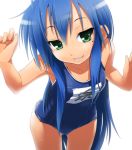 1girl :3 armpits blue_hair blushing collarbone female flat_chested green_eyes izumi_konata konata_izumi long_hair lucky_star mole name_tag naughty_face nilitsu one-piece_swimsuit school_swimsuit simple_background small_breasts smile solo swimsuit thigh_gap very_long_hair wet white_background