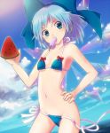 1girl bikini bow cirno female flat_chest food fruit hair_bow hand_on_hip holding holding_fruit large_bow mouth_hold navel nunucco ocean popsicle resized revision side-tie_bikini sky solo string_bikini swimsuit touhou transparent untied wardrobe_malfunction watermelon wings