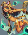  1girl :d animal_ears ankle_lace-up anklet barefoot bastet_(p&amp;d) blurry brown_hair cat_ears cat_tail cross-laced_footwear crown dark_skin depth_of_field egyptian fang fangs female green_eyes instrument jewelry lots_of_jewelry me_(mikannu) midriff open_mouth puzzle_&amp;_dragons sistrum smile tail 