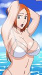 1girl 5:9 alluring arms_up big_breasts bikini bleach blue_sky blue_water breasts clouds darkuro_27 female_focus glistening_arms glistening_hair glistening_nipples glistening_water hands_behind_head inoue_orihime long_hair_female long_orange_hair ocean open_mouth orange_hair orange_hair_female pixiv shiny_areola shiny_breasts shiny_skin short_hair short_hair_female short_orange_hair sky water