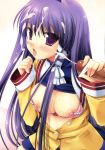  1girl blush bra breasts censored clannad cum cum_on_hair facial female framed_breasts fujibayashi_kyou handjob highres lingerie long_hair miyasu_risa nipples open_clothes open_shirt penis pointless_censoring polka_dot polka_dot_bra purple_hair shirt solo_focus underwear veins veiny_penis 