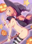 1girl aqua_eyes bangle blush bottomless bracelet breasts broom broom_riding crotch_rub female from_side hair_ribbon halloween hat jack-o'-lantern jewelry long_hair looking_at_viewer masturbation naked_thighhighs nipples no_bra no_panties nude orange_hair original pointy_ears pumpkin pussy_juice red_pupils ribbon side sitting solo star striped striped_legwear thighhighs topless unacchi_(nyusankin) v witch witch_hat