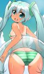 1girl aqua_eyes aqua_hair ass bikini blush butt_crack female hatsune_miku innertube long_hair looking_at_viewer looking_back miku_hatsune naitou_kouse side-tie_bikini small_breasts smile solo striped striped_bikini striped_swimsuit swimsuit tan tan_line twin_tails very_long_hair vocaloid_(lat-type_ver)