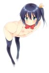  1girl :o bare_shoulders black_legwear blue_eyes blush chuunibyou_demo_koi_ga_shitai! feet female female_only flat_chested hair_ribbon high_res leaning_forward looking_at_viewer naked_thighhighs neck_ribbon nipples no_shoes nude pokachu pokachu_(pixiv_725780) pokachurorichu ribbon short_hair side_ponytail small_breasts solo_female takanashi_rikka v_arms white_background 