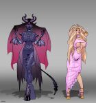 2_girls big_ass big_breasts bimbo blonde_hair blue_eyes demon demon_girl goddess horns hourglass_figure meinfischer pointy_ears purple_eyes succubus tail wings