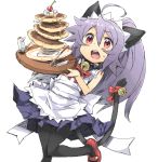 ahoge angelo_(gomahangetsu) animal_ears bell cat_ears cat_tail cherry_(fruit) cornet-san_(angelo) female food fork fruit knife long_hair maid maid_headdress open_mouth original pancake pantyhose ponytail purple_hair red_eyes simple_background sleeveless solo tail tail_bell white_background