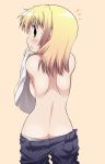  1girl back backboob bad_id blonde_hair blush breasts butt_crack celebi_ryousangata denim female hidamari_sketch jeans looking_back miyako pants shirt sideboob solo surprised undressing 