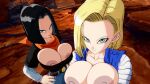 1girl accurate_art_style android_17 android_18 breast_expansion breast_squeeze breasts breasts_out dragon_ball dragon_ball_fighterz dragon_ball_z edit female_android_17 female_only feminization gender_transformation genderswap genderswap_(mtf) roymanx screencap screenshot screenshot_edit transformation