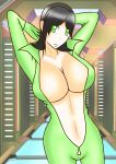 1girl alluring big_breasts black_hair cleavage green_eyes hammie_(uchuu_sentai_kyuuranger) mokuro_(artist) open_bodysuit pin_up super_sentai uchuu_sentai_kyuuranger unzipped_bodysuit