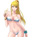  1girl bikini blonde_hair blue_eyes bracelet breasts cleavage female food green_eyes highres ice_cream jewelry kuroma_(atapi) large_breasts long_hair metroid navel nintendo ponytail popsicle samus_aran solo strap_gap swimsuit tongue tongue_out white_background wrist_cuffs 