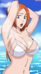  1girl 5:9 alluring arms_up bare_legs big_breasts bikini_top bikini_top_only bleach blue_sky blue_water bra_only breasts clouds darkuro_27 female_focus glistening_arms glistening_hair glistening_nipples glistening_water hands_behind_head inoue_orihime long_hair_female long_orange_hair naked_from_the_waist_down ocean open_mouth orange_hair orange_hair_female pixiv shiny_areola shiny_breasts shiny_skin short_hair short_hair_female short_orange_hair sky water 